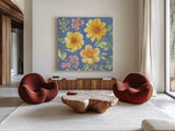 Sweet Garden V by Beth Grove. Shown as extra-large giant wall art in a modern living room. Available as an archival giclee rolled canvas, fine art paper, or poster print. SKU 95993a.
