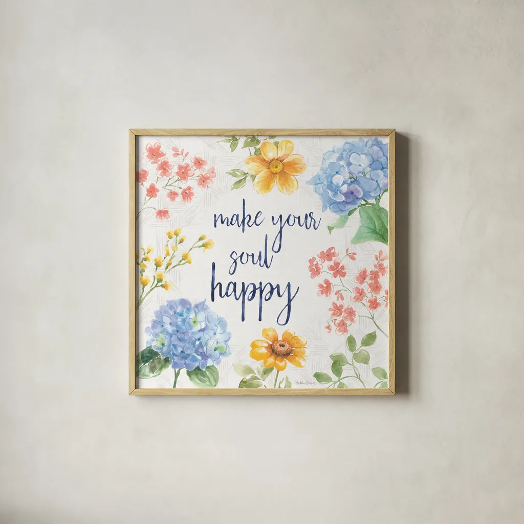 Sweet Garden VI by Beth Grove. Shown in a natural wood glass frame for a timeless modern aesthetic. Available as an archival giclee rolled canvas, fine art paper, or poster print. SKU 95994a.