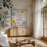 Sweet Garden VII by Beth Grove. Shown in a natural wood frame in a cozy modern living room. Available as an archival giclee rolled canvas, fine art paper, or poster print. SKU 95995a.