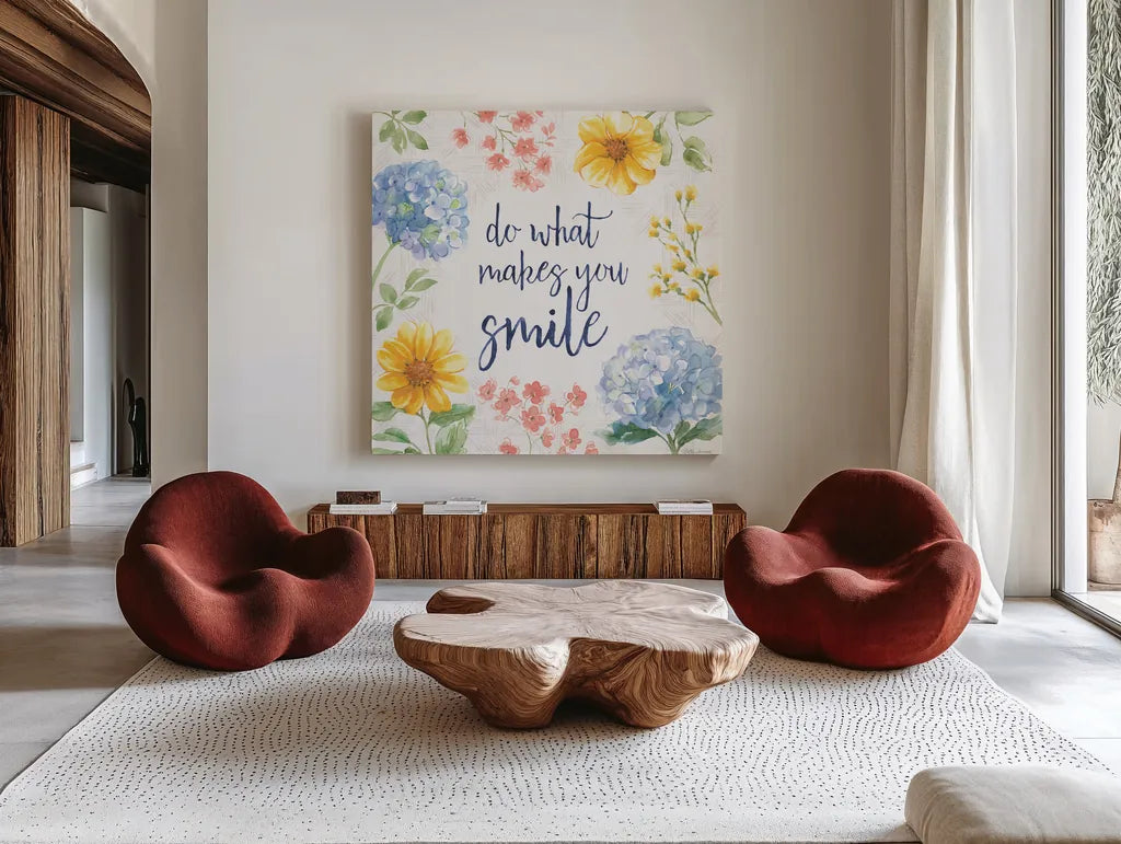 Sweet Garden VII by Beth Grove. Shown as extra-large giant wall art in a modern living room. Available as an archival giclee rolled canvas, fine art paper, or poster print. SKU 95995a.