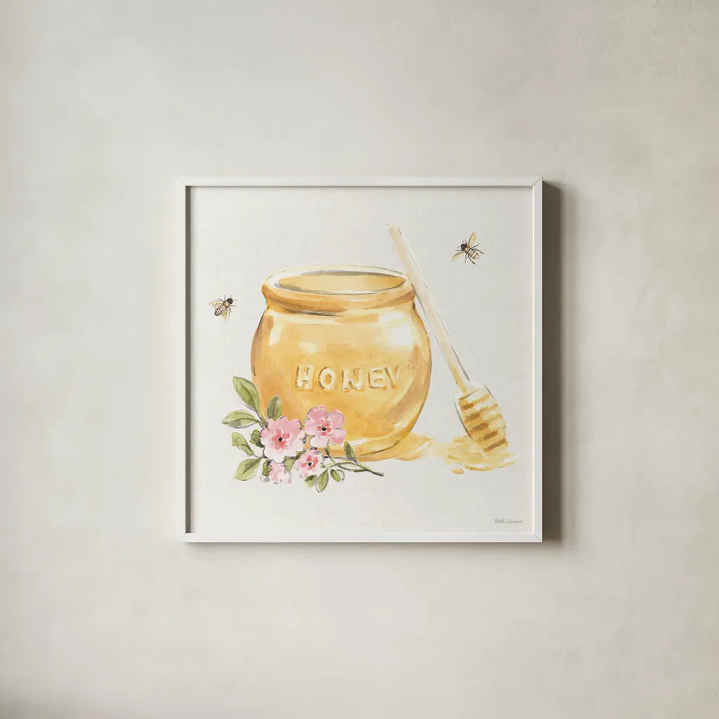Sweet Honey II by Beth Grove. Shown in a crisp white glass frame for a clean and minimalist style. Available as an archival giclee rolled canvas, fine art paper, or poster print. SKU 99481a.