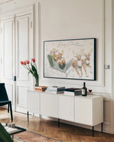 Sweet Season I by Beth Grove. shown as a framed stretched canvas in a living room above a console. Available as a archival giclee rolled canvas, fine art paper, or poster print. SKU 94676i.