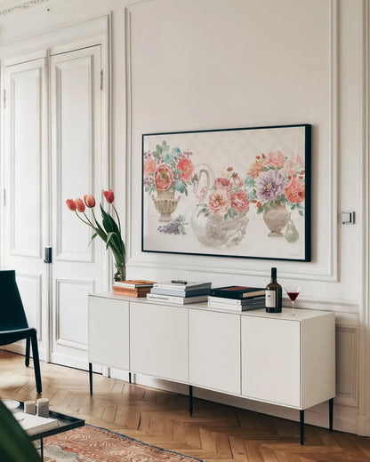 Timeless Romance I by Beth Grove. shown as a framed stretched canvas in a living room above a console. Available as a archival giclee rolled canvas, fine art paper, or poster print. SKU 75284i.