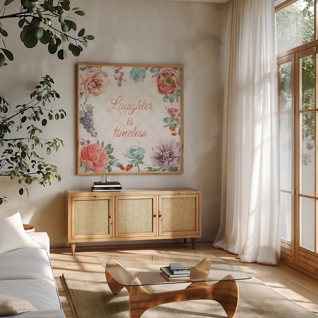 Timeless Romance IX by Beth Grove. Shown in a natural wood frame in a cozy modern living room. Available as an archival giclee rolled canvas, fine art paper, or poster print. SKU 75292a.