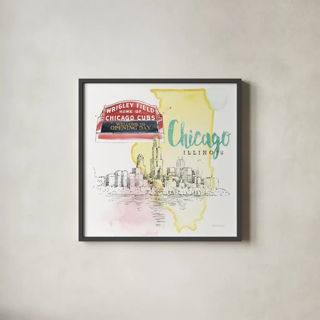 US Cities II by Beth Grove. Shown in a sleek black glass frame for a contemporary gallery look. Available as an archival giclee rolled canvas, fine art paper, or poster print. SKU 27167a.