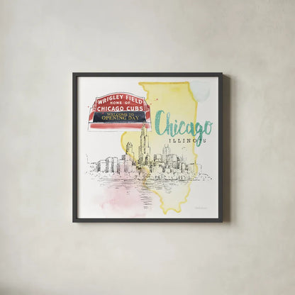 US Cities II by Beth Grove. Shown in a sleek black glass frame for a contemporary gallery look. Available as an archival giclee rolled canvas, fine art paper, or poster print. SKU 27167a.