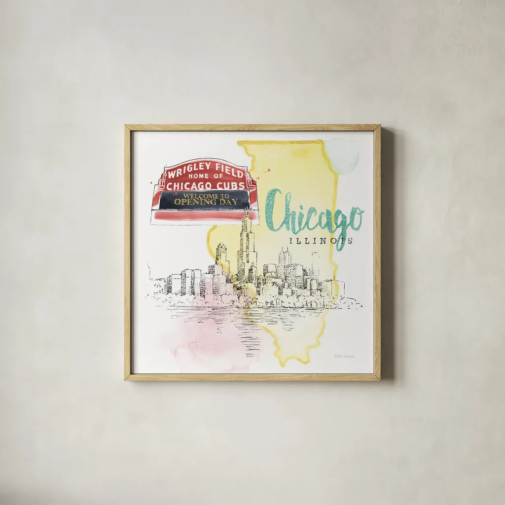 US Cities II by Beth Grove. Shown in a natural wood glass frame for a timeless modern aesthetic. Available as an archival giclee rolled canvas, fine art paper, or poster print. SKU 27167a.