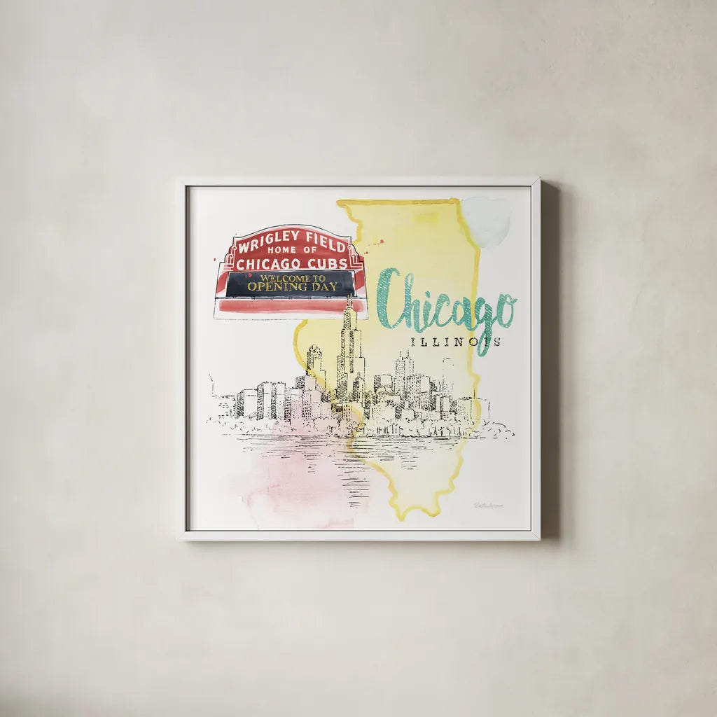 US Cities II by Beth Grove. Shown in a crisp white glass frame for a clean and minimalist style. Available as an archival giclee rolled canvas, fine art paper, or poster print. SKU 27167a.