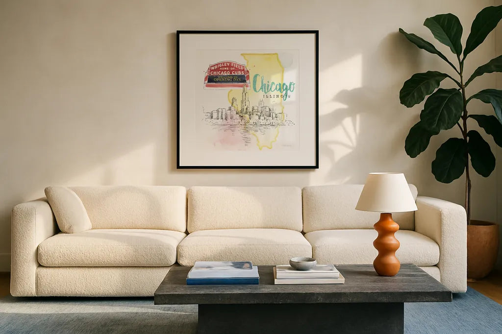 US Cities II by Beth Grove. Displayed in a glass frame with matte in a clean modern living room. Available as an archival giclee rolled canvas, fine art paper, or poster print. SKU 27167a.