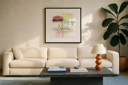 US Cities II by Beth Grove. Displayed in a glass frame with matte in a clean modern living room. Available as an archival giclee rolled canvas, fine art paper, or poster print. SKU 27167a.