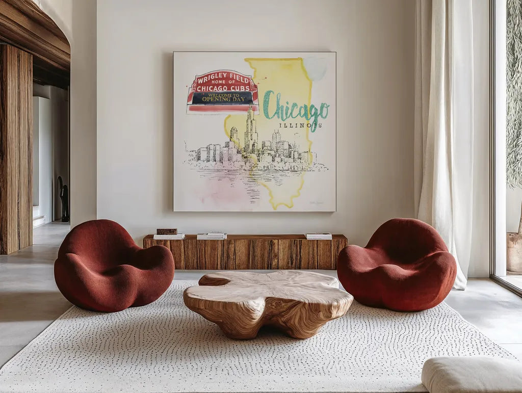 US Cities II by Beth Grove. Shown as extra-large giant wall art in a modern living room. Available as an archival giclee rolled canvas, fine art paper, or poster print. SKU 27167a.