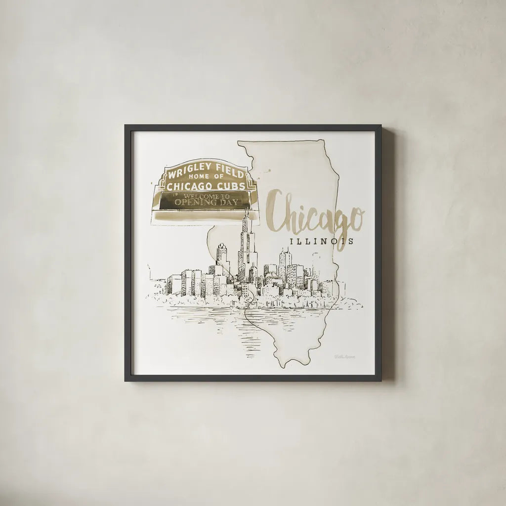 US Cities II by Beth Grove. Shown in a sleek black glass frame for a contemporary gallery look. Available as an archival giclee rolled canvas, fine art paper, or poster print. SKU 81966a.