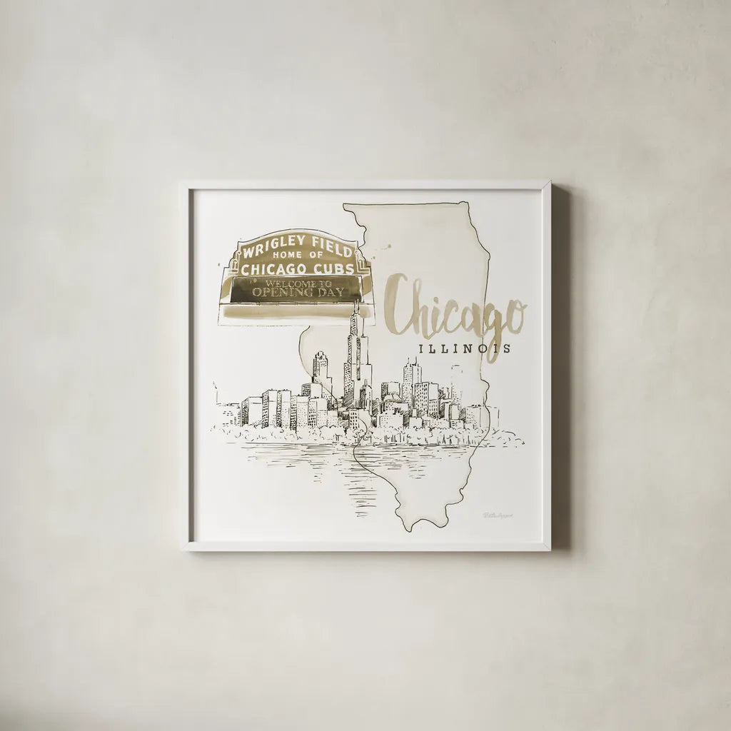 US Cities II by Beth Grove. Shown in a crisp white glass frame for a clean and minimalist style. Available as an archival giclee rolled canvas, fine art paper, or poster print. SKU 81966a.