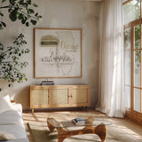US Cities II by Beth Grove. Shown in a natural wood frame in a cozy modern living room. Available as an archival giclee rolled canvas, fine art paper, or poster print. SKU 81966a.