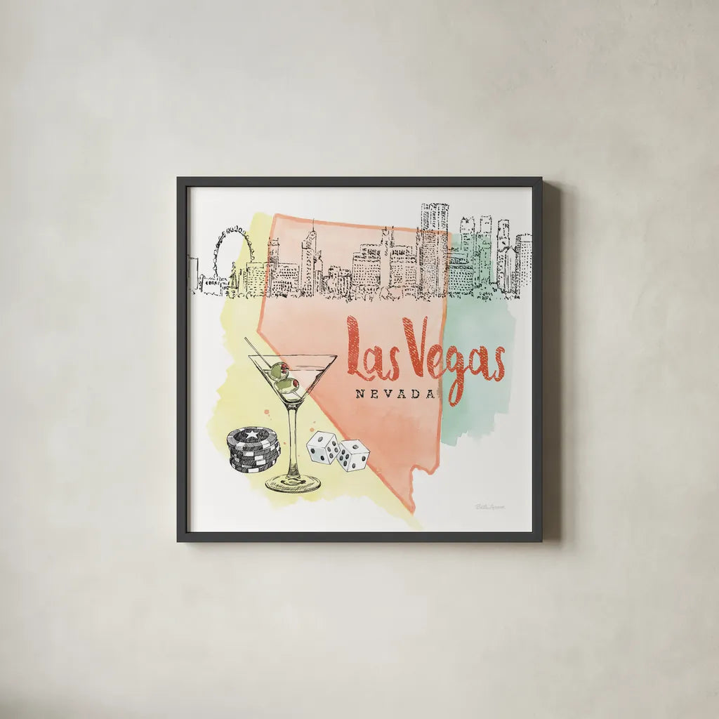 US Cities III by Beth Grove. Shown in a sleek black glass frame for a contemporary gallery look. Available as an archival giclee rolled canvas, fine art paper, or poster print. SKU 27168a.