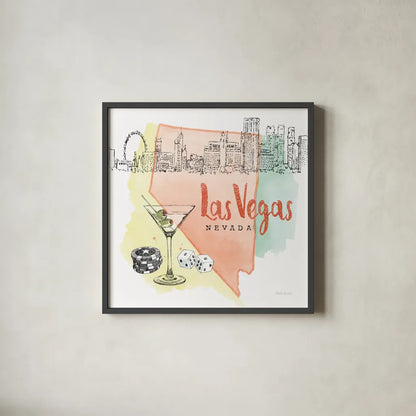 US Cities III by Beth Grove. Shown in a sleek black glass frame for a contemporary gallery look. Available as an archival giclee rolled canvas, fine art paper, or poster print. SKU 27168a.