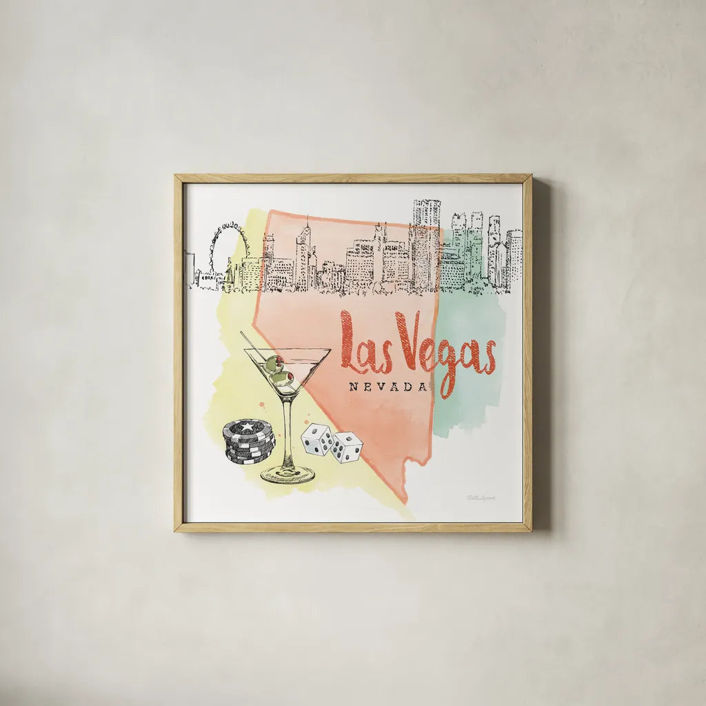 US Cities III by Beth Grove. Shown in a natural wood glass frame for a timeless modern aesthetic. Available as an archival giclee rolled canvas, fine art paper, or poster print. SKU 27168a.