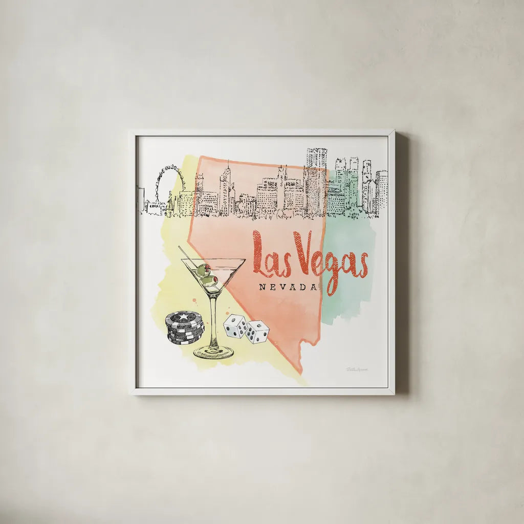 US Cities III by Beth Grove. Shown in a crisp white glass frame for a clean and minimalist style. Available as an archival giclee rolled canvas, fine art paper, or poster print. SKU 27168a.