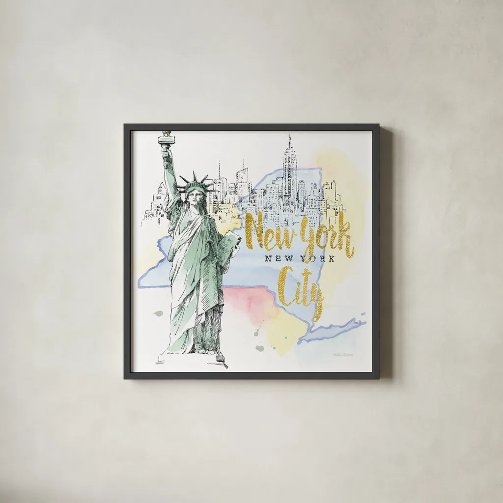 US Cities IV by Beth Grove. Shown in a sleek black glass frame for a contemporary gallery look. Available as an archival giclee rolled canvas, fine art paper, or poster print. SKU 27169a.