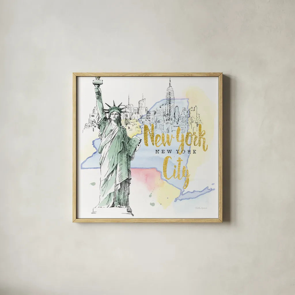 US Cities IV by Beth Grove. Shown in a natural wood glass frame for a timeless modern aesthetic. Available as an archival giclee rolled canvas, fine art paper, or poster print. SKU 27169a.
