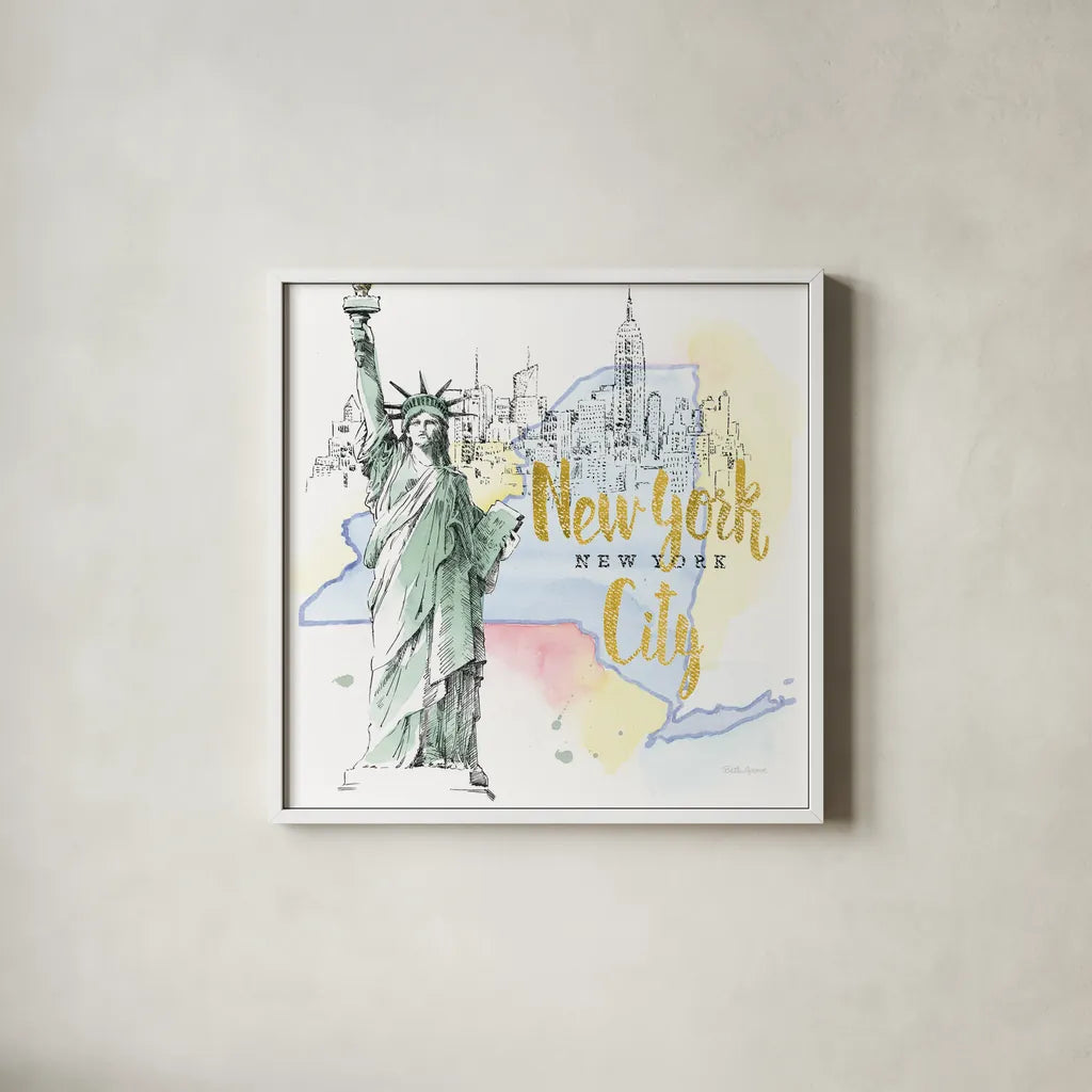 US Cities IV by Beth Grove. Shown in a crisp white glass frame for a clean and minimalist style. Available as an archival giclee rolled canvas, fine art paper, or poster print. SKU 27169a.