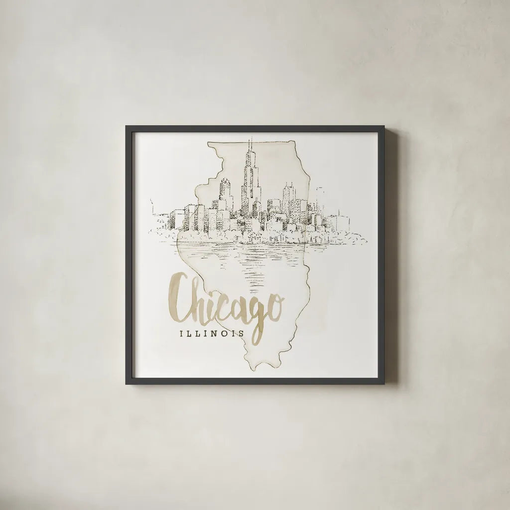 US Cities VI by Beth Grove. Shown in a sleek black glass frame for a contemporary gallery look. Available as an archival giclee rolled canvas, fine art paper, or poster print. SKU 81967a.