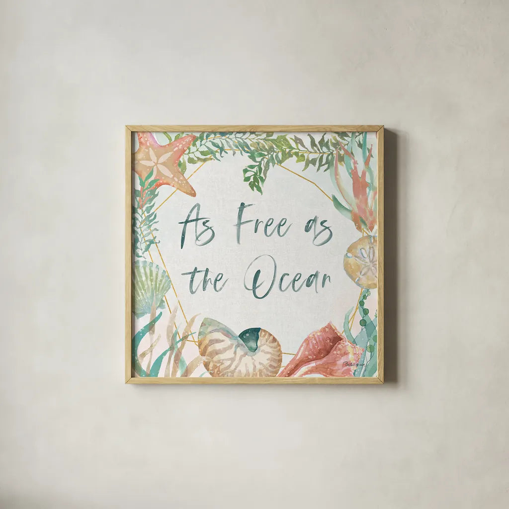 Watercolor Coast II by Beth Grove. Shown in a natural wood glass frame for a timeless modern aesthetic. Available as an archival giclee rolled canvas, fine art paper, or poster print. SKU 47558a.