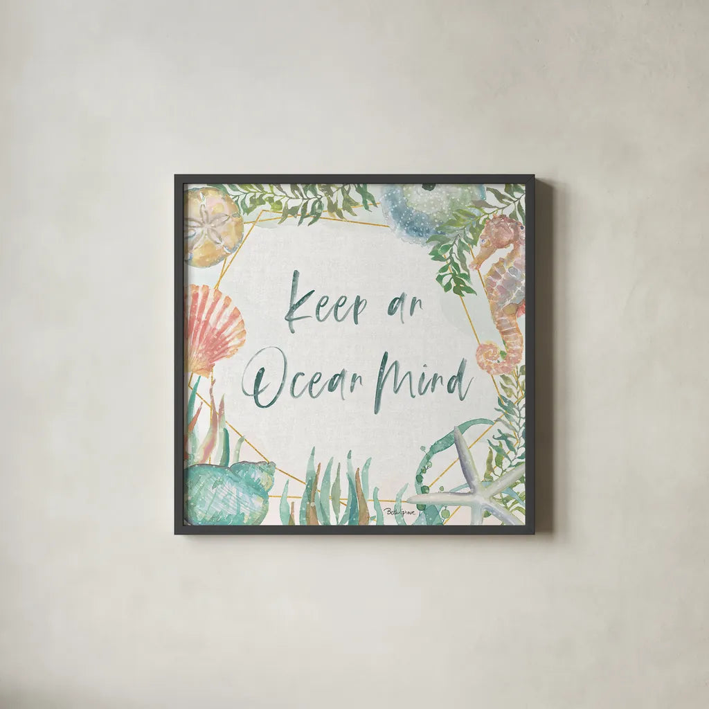 Watercolor Coast III by Beth Grove. Shown in a sleek black glass frame for a contemporary gallery look. Available as an archival giclee rolled canvas, fine art paper, or poster print. SKU 47559a.