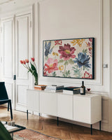 Watercolor Fall I by Beth Grove. shown as a framed stretched canvas in a living room above a console. Available as a archival giclee rolled canvas, fine art paper, or poster print. SKU 47129i.