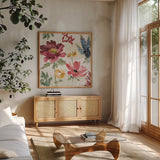 Watercolor Fall II by Beth Grove. Shown in a natural wood frame in a cozy modern living room. Available as an archival giclee rolled canvas, fine art paper, or poster print. SKU 47130a.