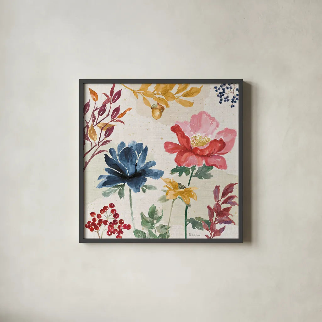 Watercolor Fall III by Beth Grove. Shown in a sleek black glass frame for a contemporary gallery look. Available as an archival giclee rolled canvas, fine art paper, or poster print. SKU 47131a.