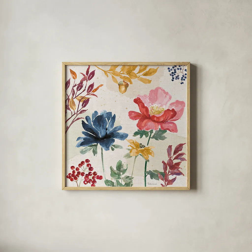 Watercolor Fall III by Beth Grove. Shown in a natural wood glass frame for a timeless modern aesthetic. Available as an archival giclee rolled canvas, fine art paper, or poster print. SKU 47131a.