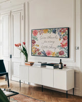 Watercolor Fall IV by Beth Grove. shown as a framed stretched canvas in a living room above a console. Available as a archival giclee rolled canvas, fine art paper, or poster print. SKU 47132i.