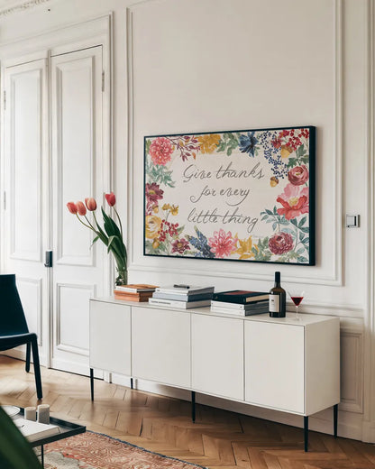 Watercolor Fall IV by Beth Grove. shown as a framed stretched canvas in a living room above a console. Available as a archival giclee rolled canvas, fine art paper, or poster print. SKU 47132i.