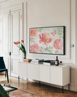 Watercolorful I by Beth Grove. shown as a framed stretched canvas in a living room above a console. Available as a archival giclee rolled canvas, fine art paper, or poster print. SKU 45410i.