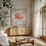 Watercolorful II by Beth Grove. Shown in a natural wood frame in a cozy modern living room. Available as an archival giclee rolled canvas, fine art paper, or poster print. SKU 45411a.
