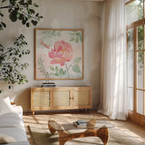 Watercolorful III by Beth Grove. Shown in a natural wood frame in a cozy modern living room. Available as an archival giclee rolled canvas, fine art paper, or poster print. SKU 45412a.