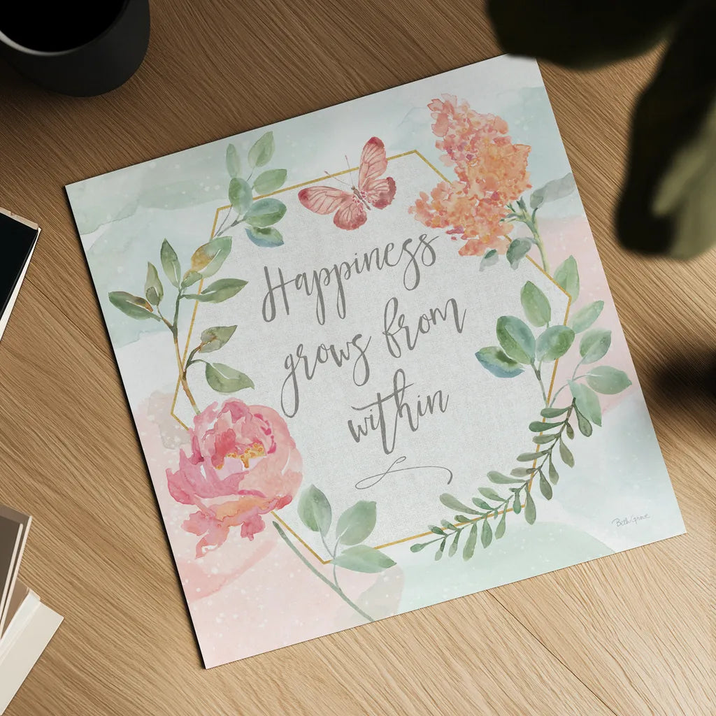 Watercolorful V Happiness by Beth Grove. Shown as a detailed flat fine art print, highlighting archival giclee quality. Available as an archival giclee rolled canvas, fine art paper, or poster print. SKU 46145a.