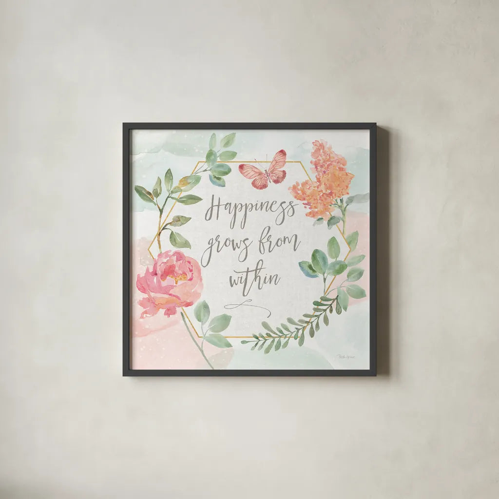 Watercolorful V Happiness by Beth Grove. Shown in a sleek black glass frame for a contemporary gallery look. Available as an archival giclee rolled canvas, fine art paper, or poster print. SKU 46145a.