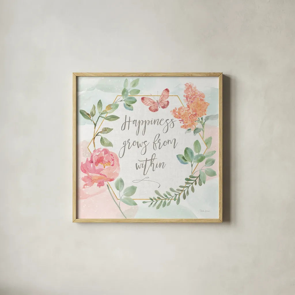 Watercolorful V Happiness by Beth Grove. Shown in a natural wood glass frame for a timeless modern aesthetic. Available as an archival giclee rolled canvas, fine art paper, or poster print. SKU 46145a.