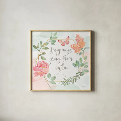 Watercolorful V Happiness by Beth Grove. Shown in a natural wood glass frame for a timeless modern aesthetic. Available as an archival giclee rolled canvas, fine art paper, or poster print. SKU 46145a.