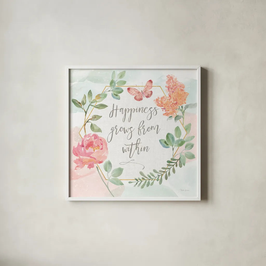 Watercolorful V Happiness by Beth Grove. Shown in a crisp white glass frame for a clean and minimalist style. Available as an archival giclee rolled canvas, fine art paper, or poster print. SKU 46145a.