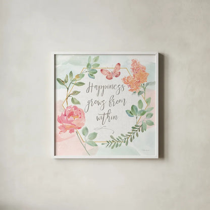 Watercolorful V Happiness by Beth Grove. Shown in a crisp white glass frame for a clean and minimalist style. Available as an archival giclee rolled canvas, fine art paper, or poster print. SKU 46145a.