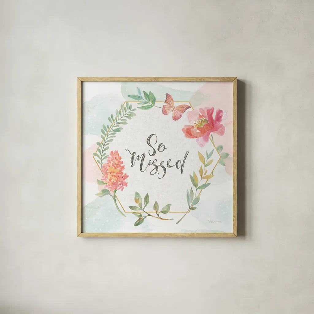 Watercolorful VII Missed by Beth Grove. Shown in a natural wood glass frame for a timeless modern aesthetic. Available as an archival giclee rolled canvas, fine art paper, or poster print. SKU 52512a.