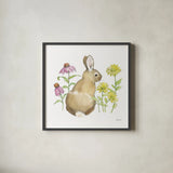 Wildflower Bunnies I Sq by Beth Grove. Shown in a sleek black glass frame for a contemporary gallery look. Available as an archival giclee rolled canvas, fine art paper, or poster print. SKU 24699a.