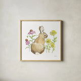 Wildflower Bunnies I Sq by Beth Grove. Shown in a natural wood glass frame for a timeless modern aesthetic. Available as an archival giclee rolled canvas, fine art paper, or poster print. SKU 24699a.