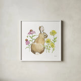 Wildflower Bunnies I Sq by Beth Grove. Shown in a crisp white glass frame for a clean and minimalist style. Available as an archival giclee rolled canvas, fine art paper, or poster print. SKU 24699a.
