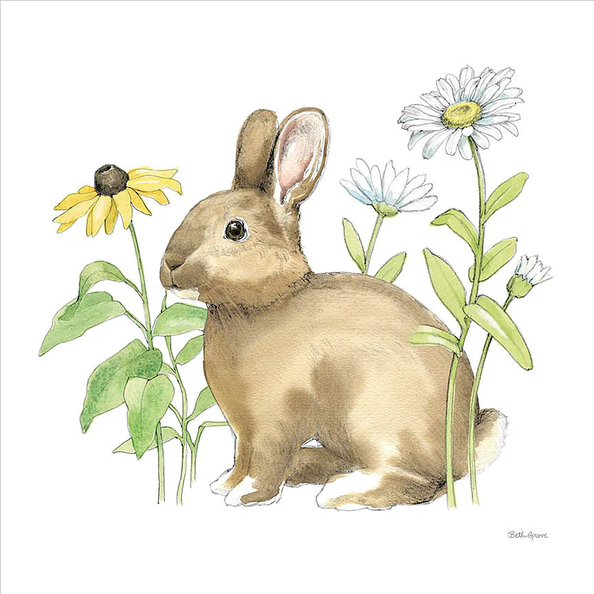 Wildflower Bunnies II Sq by Beth Grove. SKU 24700a. Archival Giclee Fine art print for wall decor.
