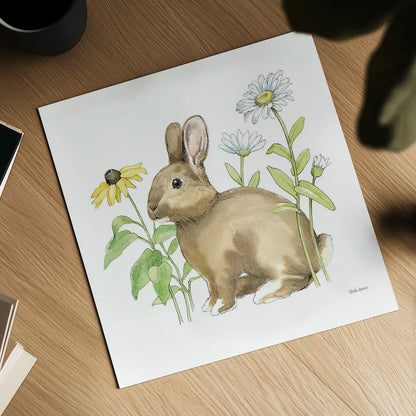 Wildflower Bunnies II Sq by Beth Grove. Shown as a detailed flat fine art print, highlighting archival giclee quality. Available as an archival giclee rolled canvas, fine art paper, or poster print. SKU 24700a.