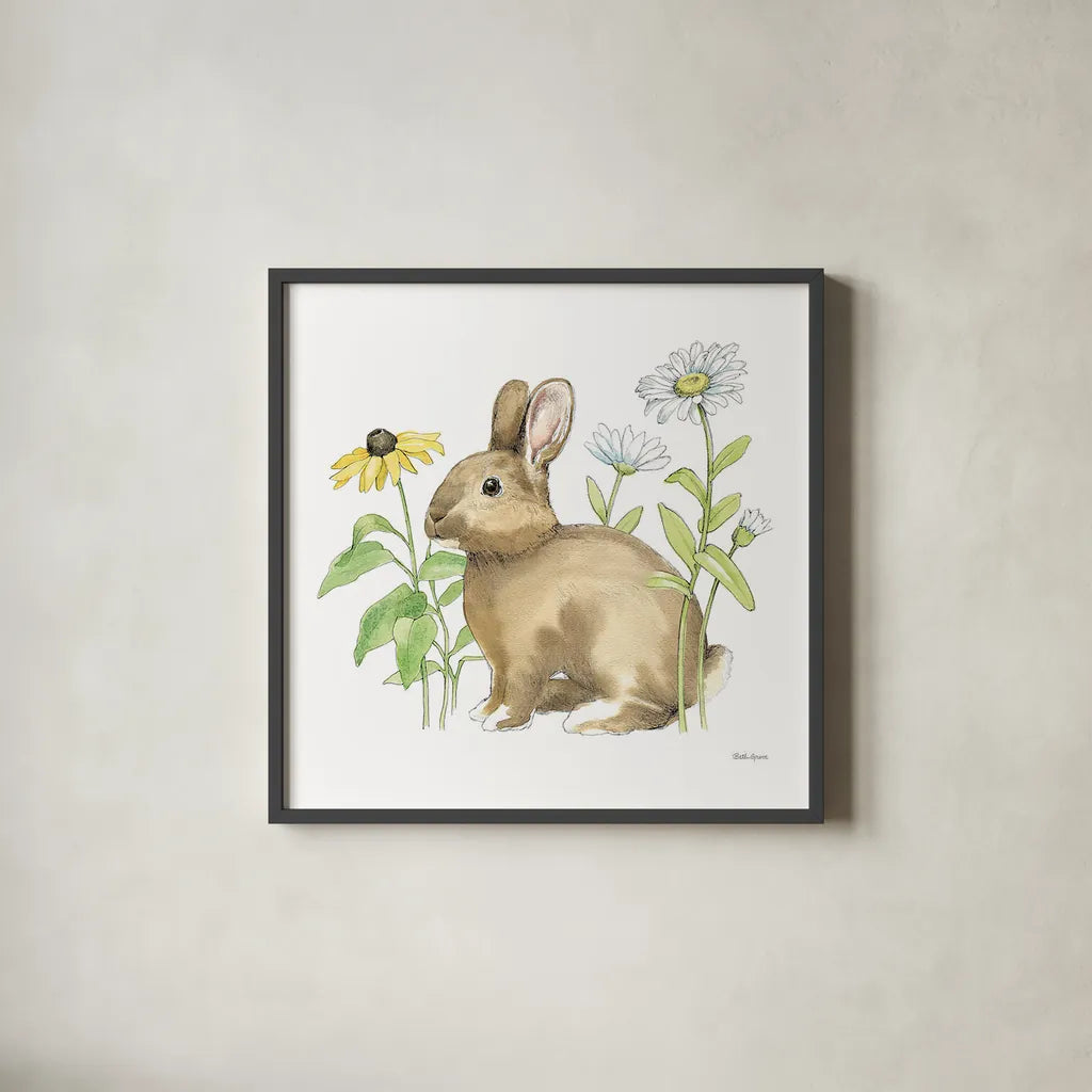 Wildflower Bunnies II Sq by Beth Grove. Shown in a sleek black glass frame for a contemporary gallery look. Available as an archival giclee rolled canvas, fine art paper, or poster print. SKU 24700a.